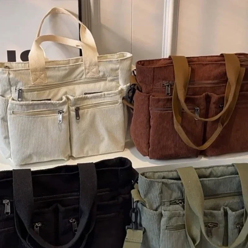 LIZAKOSHT  -  Large Capacity Corduroy Women Crossbody Bags Classic Korea Style Elegant Shoulder Bag Traveling Multilayer Thick Handbag