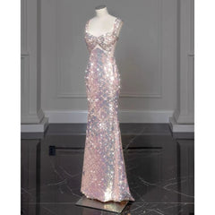 LIZAKOSHT  -  Shiny Pink Mermaid Evening Dresses Bowknot Sequined Beading Detachable Tailing Halter Collar Customize Luxury Prom Gowns 2024