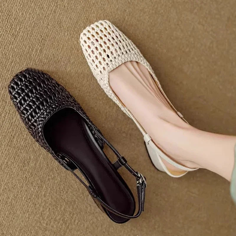 LIZAKOSHT  -  Hot Selling Weaved Slingback Sandals Woman Straw Plaited Low Heel Sandalias Ladies Brand Design Summer Square Toe Hollow Out