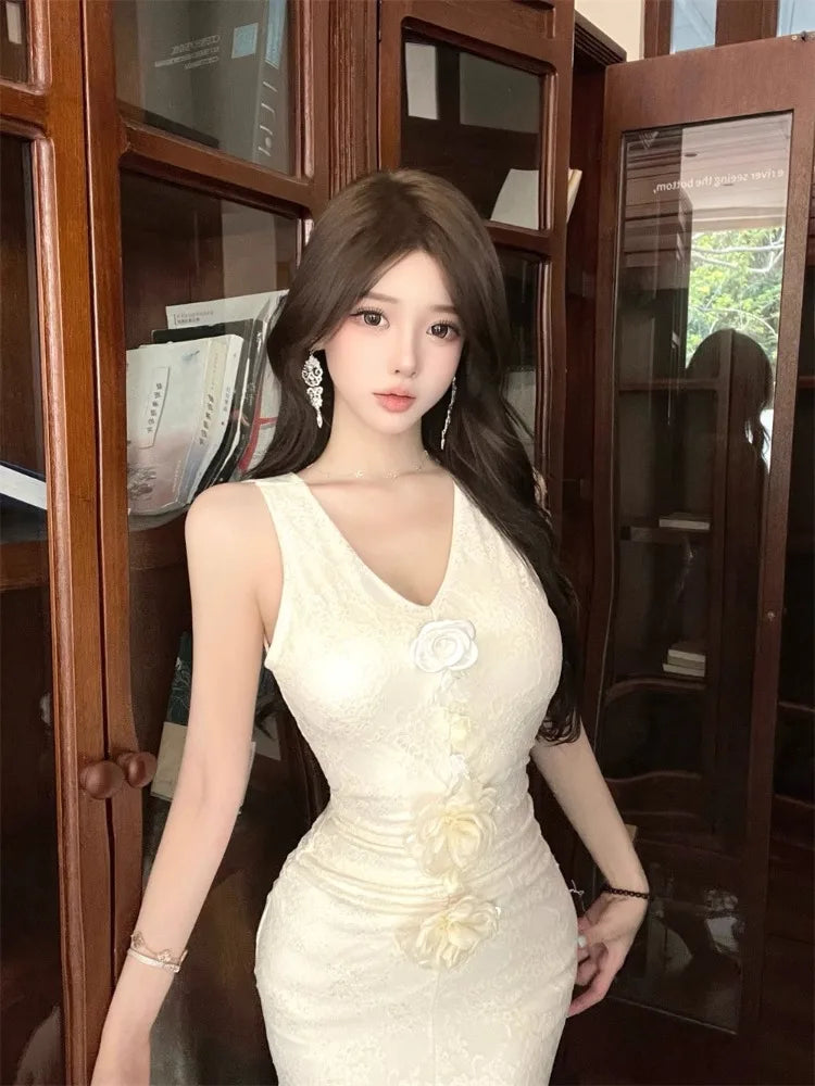 LIZAKOSHT  -  Elegant Dresses Women Flowers Lace Patchwork Sleeveless Halter Slim Split Temperament Party Dress Summer Fashion