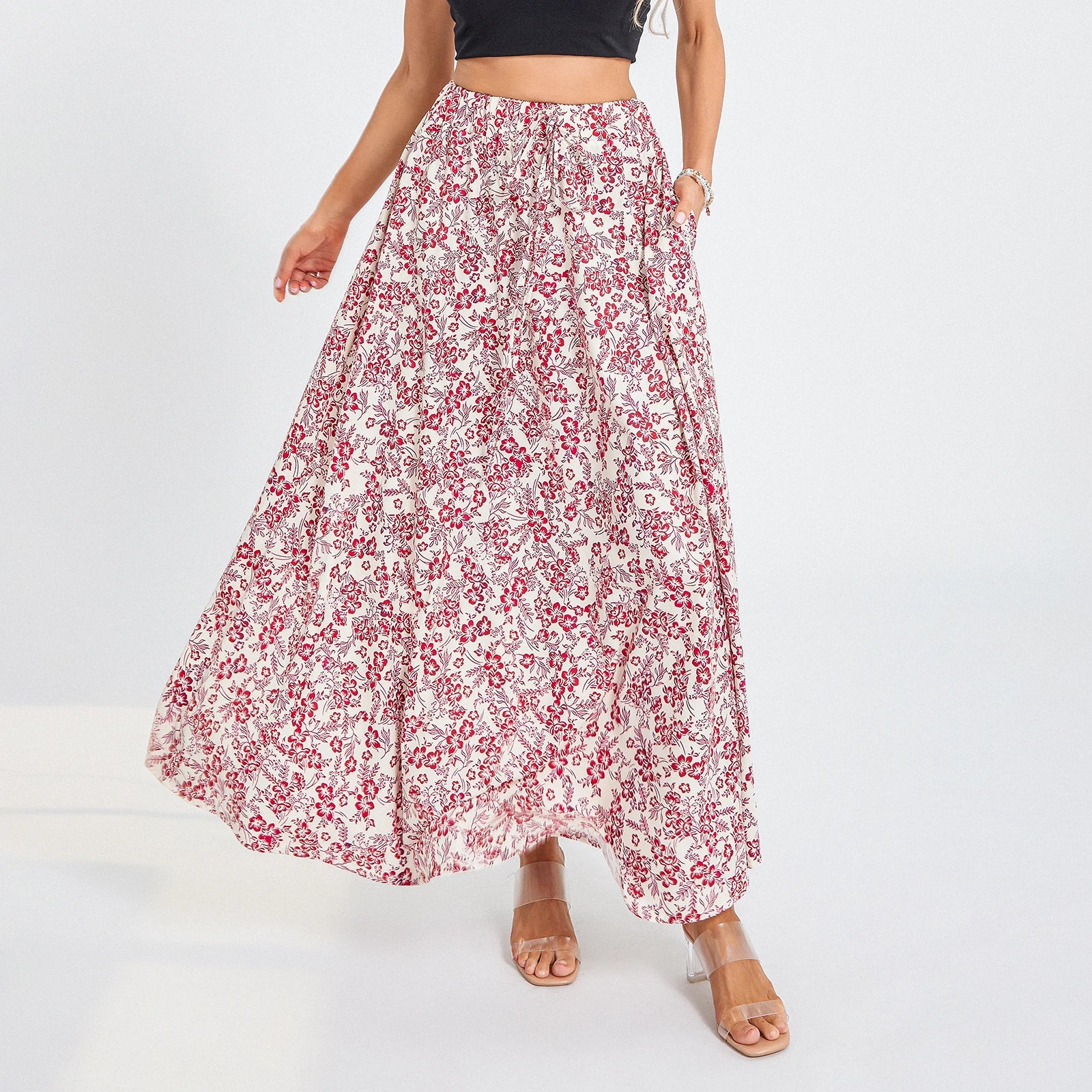 LIZAKOSHT  -  Women Summer Floral Print Swing Long Skirts Casual Elastic Waist Drawstring Flared A-Line Skirt