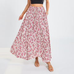 LIZAKOSHT  -  Women Summer Floral Print Swing Long Skirts Casual Elastic Waist Drawstring Flared A-Line Skirt