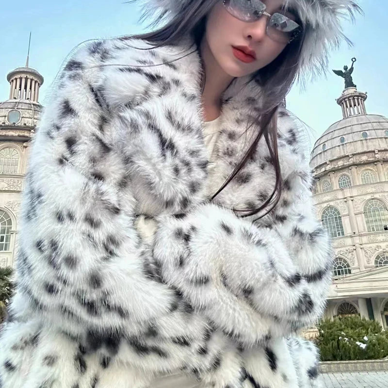 LIZAKOSHT  -  New Cool Girls Faux Fur Coat Long Belted Leopard Print Fox Fur Outerwears Women Autumn Winter Thick Warm Soft  Fluffy Overcoat