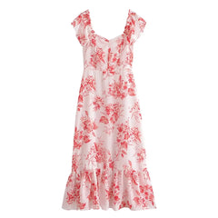 LIZAKOSHT  -  Women Flower Print Slash Shoulder Midi Chiffon Dress Spliced Ruffles Hem Short Sleeve Robe Holiday Retro French Style
