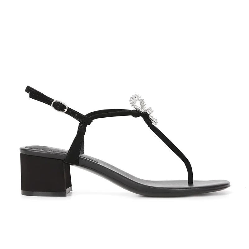 LIZAKOSHT  -  Women Concise Elegant Leisure Bow Crystal Sandals Round Toe Flat Heels Med Heels Leather Sandals Back Strap Black Shoes