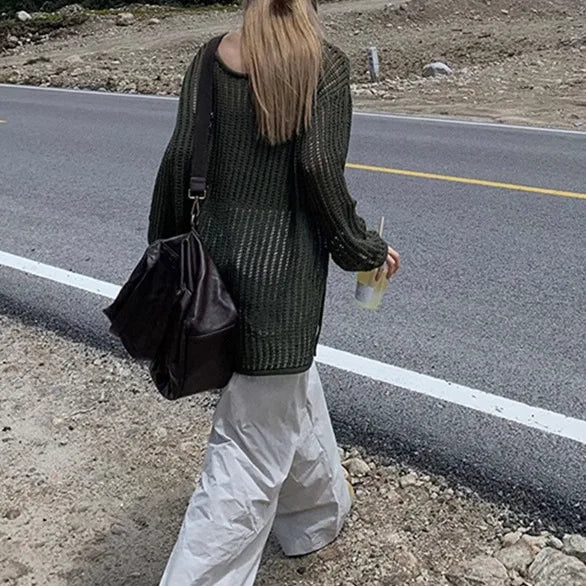 LIZAKOSHT  -  Outer Cover for Women 2024 Spring Summer Thin Long Lazy Air Conditioning Sweater Premium Top Long Sleeve Hollow Knitted Sweater