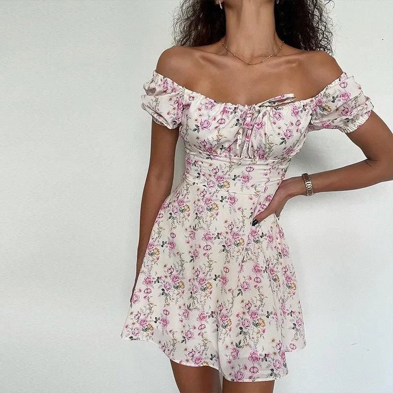 LIZAKOSHT  -  Women Boho Dress Short Sleeve Flower Print Lacing Sundress Summer A-line Dress Vacation Holiday Outfit Female Clothes Streetwear