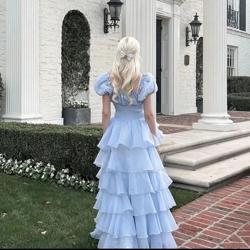 LIZAKOSHT  -  Fashion Lady Sky Blue Tiered Skirt Prom Dress Puff Short Sleeves Lace Up Formal Party Evening Gown Teen Birthday Vestidos