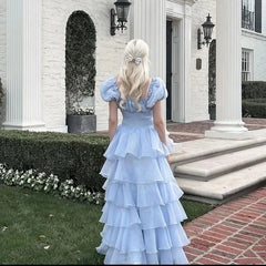 LIZAKOSHT  -  Fashion Lady Sky Blue Tiered Skirt Prom Dress Puff Short Sleeves Lace Up Formal Party Evening Gown Teen Birthday Vestidos