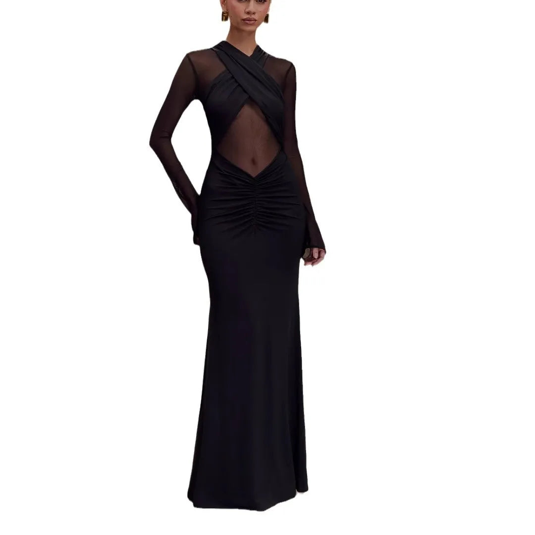 LIZAKOSHT  -  New Women Long Sleeve See Through Sexy Solid Color Elegant Pleated Dress