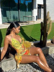 LIZAKOSHT  -  Summer Tie-dye Print Pile Collar Mesh Mini Dress Vacation For Woman 2024 Sexy Hollow Out Backless Bandage Short Dresses