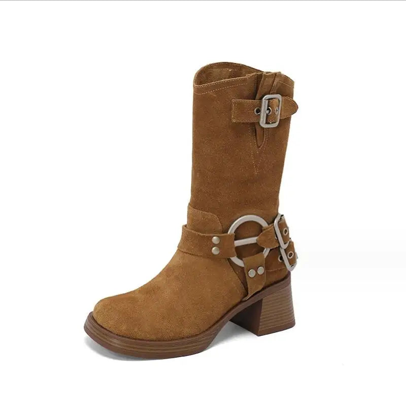 LIZAKOSHT  -  Luxury Platform Mid Calf Combat Boots Women Chuny Heel Buckle Vintage Fashion Casual Shoes Western Suede Botas Mujer