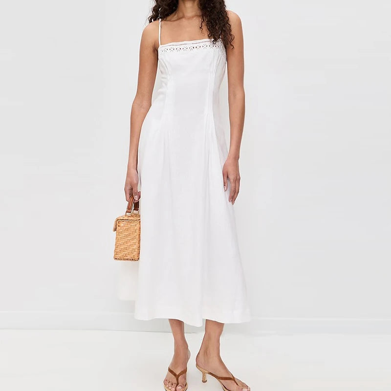 LIZAKOSHT  -  Women Sexy Simple Backless Hollow Long Dress Elegant Waist Embroidery vacation Dresses Off Shoulder Sleeveless Suspenders Dress