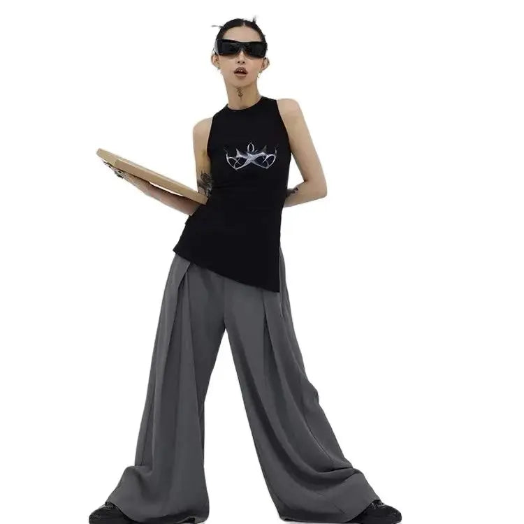 LIZAKOSHT  -  Waistcoat Irregular Sleeveless Slit Printing Round Collar Tops Aesthetics Y2k Vintage Design Tanktop Korean Fashion