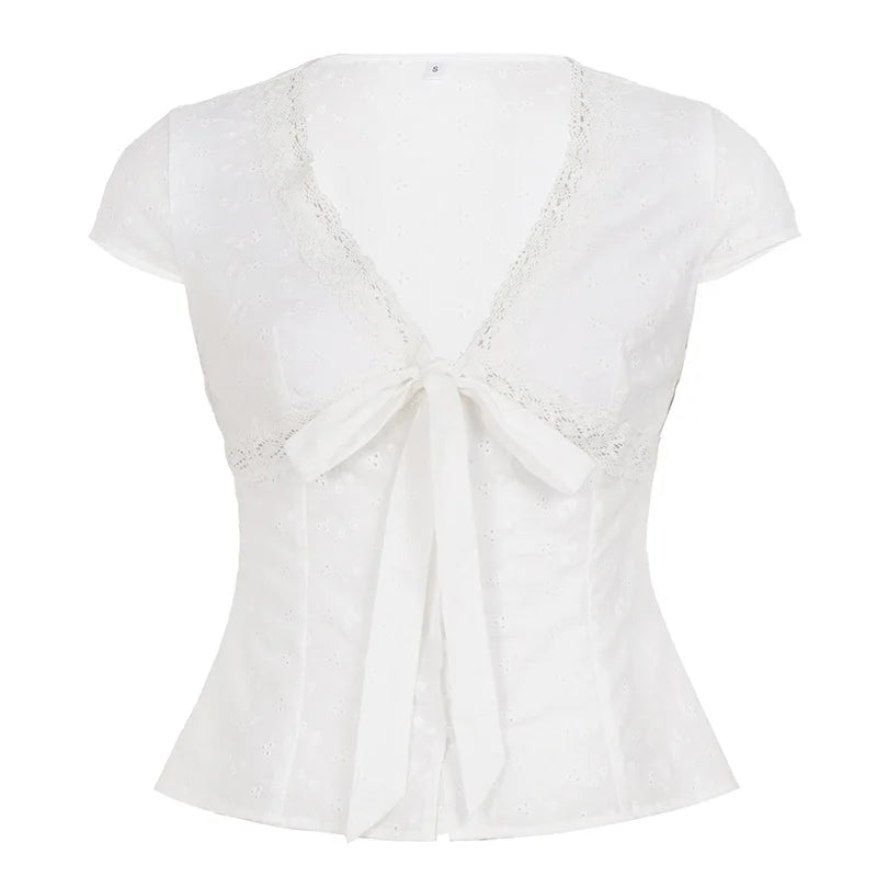 LIZAKOSHT  - High Street Euramerican Summer Deep  V Neck Short Sleeve Straps Shirts Y2k Aesthetic Crochet Hollow Out Clothes Sweet Casual Top