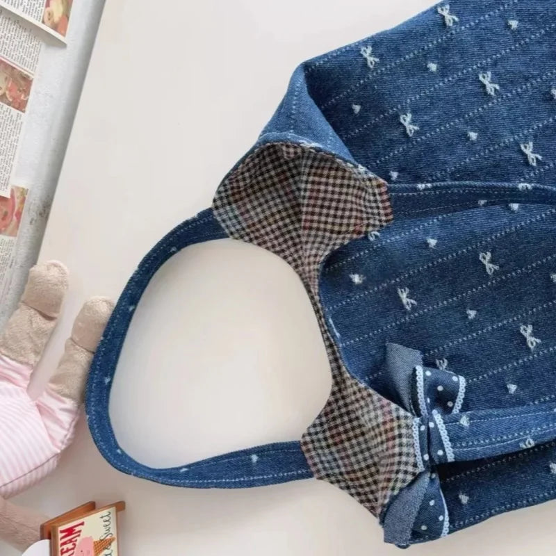 LIZAKOSHT  -  New Korean Style Heart-shaped Pattern Bow Jacquard Denim Bag Large Capacity Handbag Fashion Girls Small Handbags