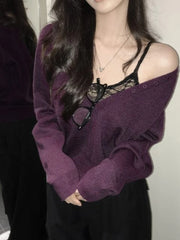 LIZAKOSHT  -  Streetwear Vintage Solid Knitted Grunge Sweaters Y2k Aesthetic Loose Casual Pullovers Women Harajuku Autumn Button Jumpers