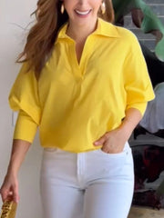 LIZAKOSHT  -  Women Elegant Solid Color Cotton Blouse Summer Casual V Neck Loose Shirt Trendy Lapel Office Lady Shirts Tops 2025 New