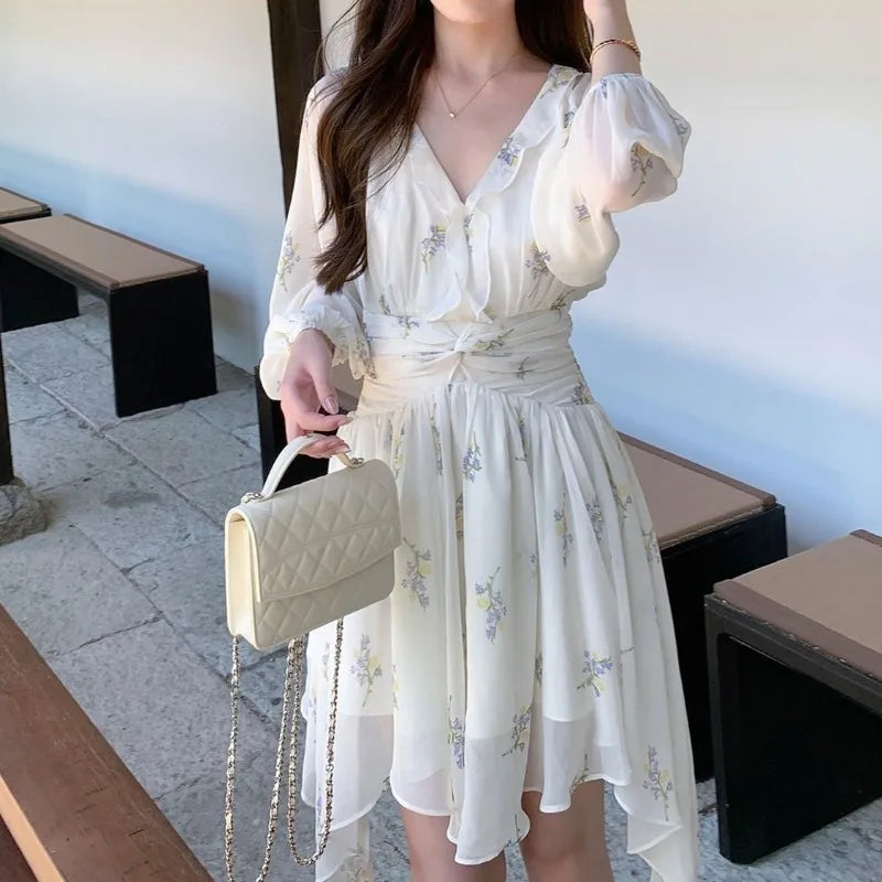 LIZAKOSHT  -  Print Floral Women Dresses Lantern Sleeve V Neck Ruffles Vestidos Mujer Korean Fashion Sweet Elegant Mini Dress