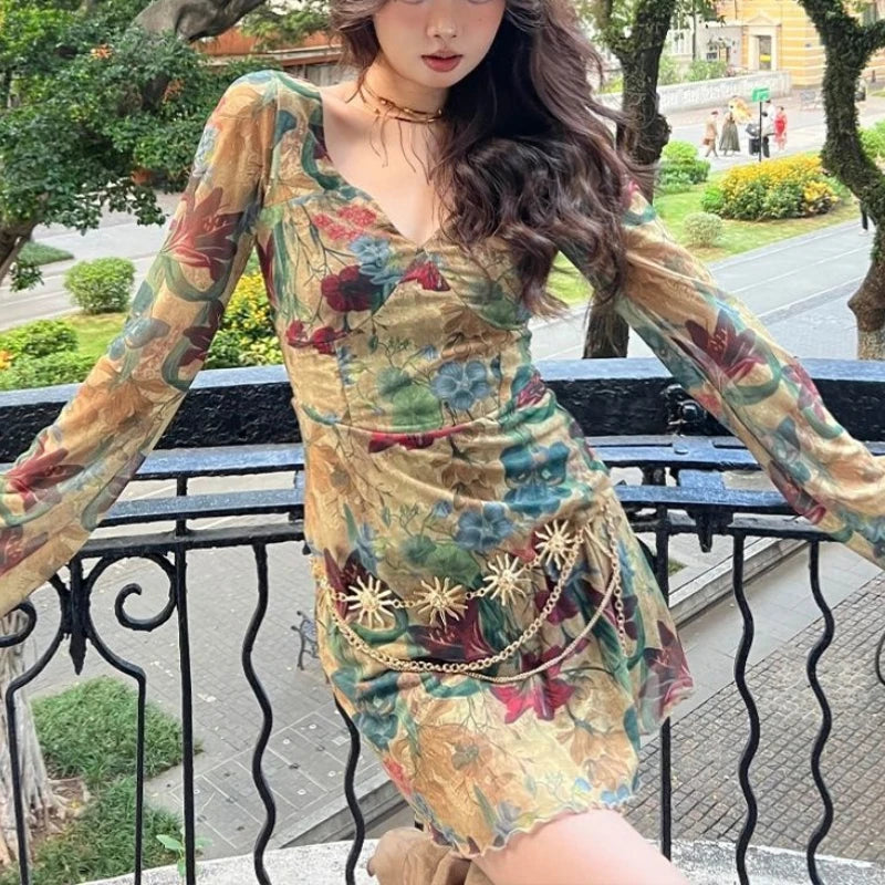 LIZAKOSHT  -  Temperament Commuter Skirt Spice Girl Retro Oil Painting Printed Gauze Dress Autumn and Winter Fashion Women's Dress
