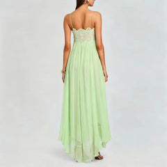 LIZAKOSHT  -  Sexy Off Shoulder Silk Suspender Dress Elegant Lace Embroidery Splice Party Dress Lady Fashion Sleeveless Pleat Solid Long Dress