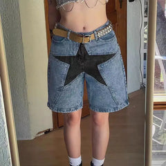 LIZAKOSHT  -  Denim Short Pants Five-Pointed Star Patch Knee Length Mid Waist Patchwork Pockets Print Washing 2024 Streetwear Women Jeans
