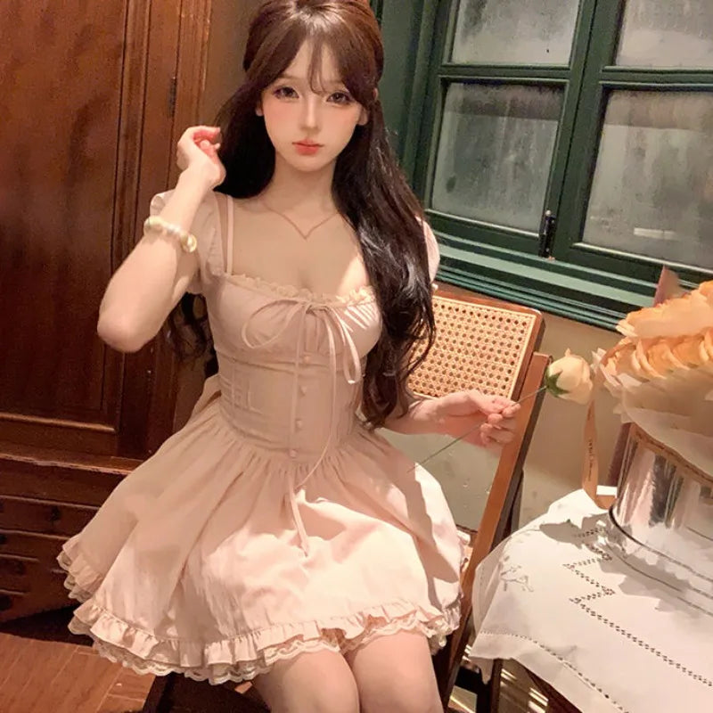 LIZAKOSHT  -  Sweet Hot Girl Pure Sexy Bow Square Collar Dress for Women's Summer Slim Fit A-line Short Dress Fashion Female Clothes