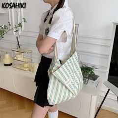 LIZAKOSHT  -  High-capacity Contrast Color Striped Crossbody Bag Women Canvas All Match Casual Handbags Japanese Sweet Simple Y2k Tote Bags