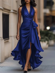LIZAKOSHT  -  Women's Deep V-neck Ruffled Evening Gowns Solid Color Lace-up High Waist Satin Party Dresses Wedding Guests Dress