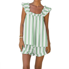 LIZAKOSHT  -  Striped Plaid 2 Piece Set Outfits Kawaii Loose Sleevless Tank Top Vest + Ruffles Hem Shorts Women Loungewear Matching Suit