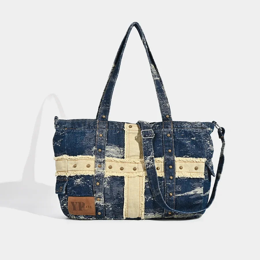 LIZAKOSHT  -  Washed Denim Women Handbag Luxury Rivet Designer Shoulder Crossbody Bag for Female Large Capacity Shopper Bag big totes