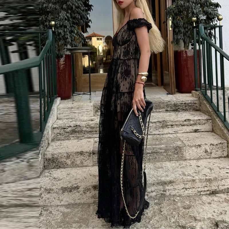 LIZAKOSHT  -  French Style Lace Solid Color Evening Dress Summer New Slash Collar Garden Party Dress Elegant High Waist Pleated Banquet Dress