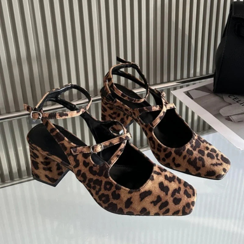 LIZAKOSHT  -  Fashion Fashion Mary Jane Shoes Women Retro Elegance Chunky Slingback Shoes Belt Buckle Leopard Print High Heeled Sandals Women
