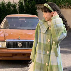 LIZAKOSHT  -  Woolen Coat Loose Fit Plaid Green Button Design Doll Collar Big Size Long New Long Sleeve Women Fashion Tide Autumn Winter