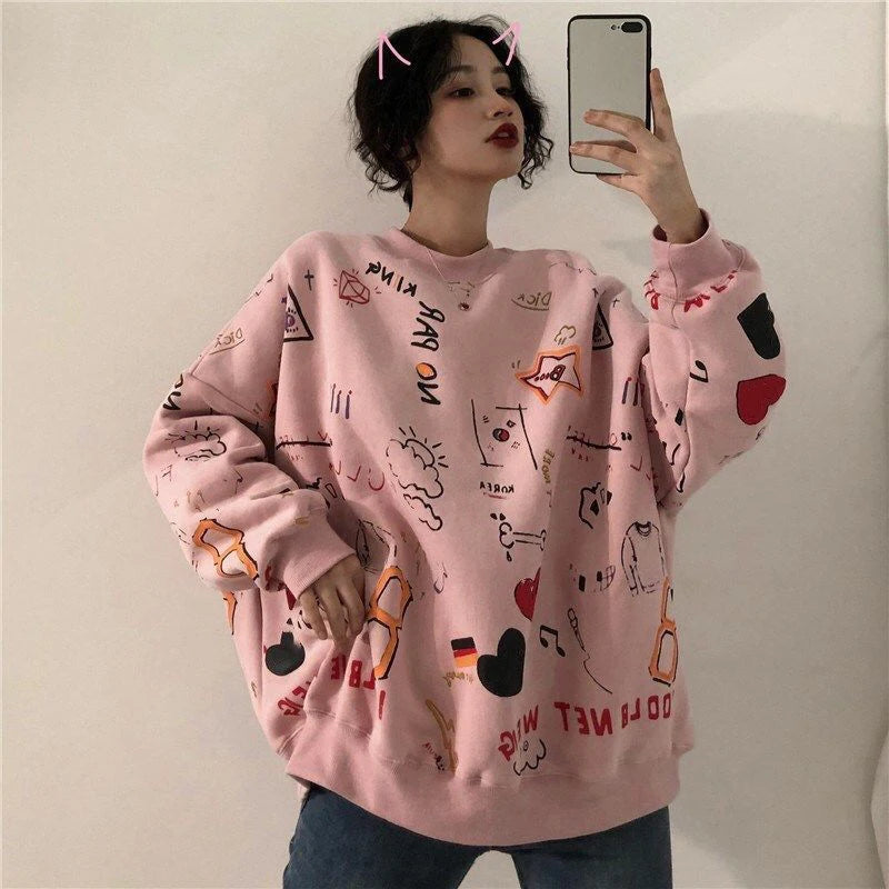 LIZAKOSHT  -  Harajuku Graffiti Women Sweatshirts Fall Winter Thick Vintage Sweet Preppy Pullovers Korean Loose Casual Print Long Sleeve Tops