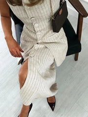 LIZAKOSHT  -  Newest Striped O-neck Women Vest Single Breasted Sleeveless Pocket Slim Female Tank 2024 Spring Summer Stylish Ladies Outwears