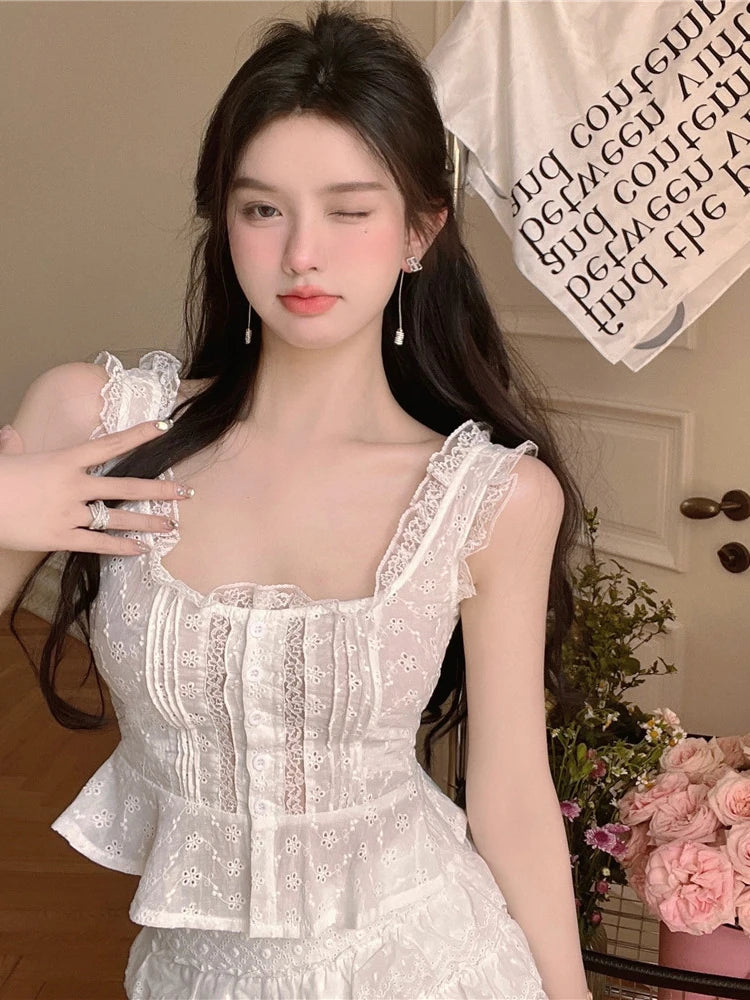 LIZAKOSHT  -  Summer Girl Sweet Fashion Two Piece Set Women Hotsweet Sexy Ruffles Tank Top + Skirt Sets Holiday Beach 2 Piece Suits
