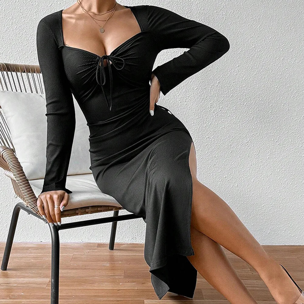 LIZAKOSHT  -  Women Elegant Lady Style Dress Square Neck Sexy Slit Slim Fit Midi Skirt Dresses