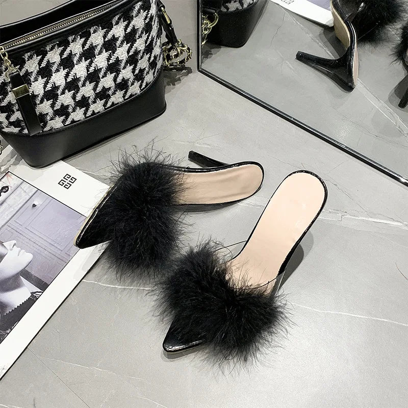 LIZAKOSHT  -  41-43 big size fur sandals high heels transparent slippers women brand designer feather sandalias mujer pointy open toe slides