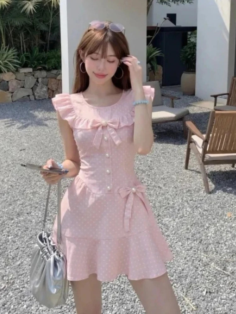 LIZAKOSHT  -  2000s Harajuku Vintage Lolita Dress Y2k Japanese Kawaii Sweet Polka Dot Flying Sleeve Short Party Dress One Piece Dress Korean