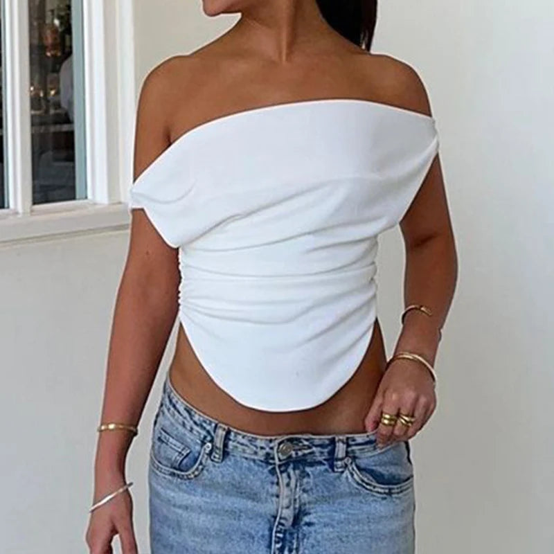 LIZAKOSHT  -  Elegant Women's Clothing Off Shoulder Slash Neck Solid Irregular Pleated Summer Daily T-shirt Sleeveless Y2k Slim Tops