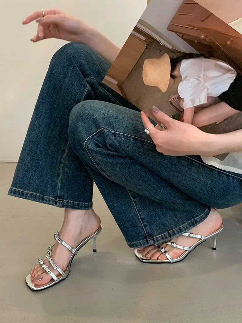 LIZAKOSHT  -  Leopard Narrow Strap Women Slippers 2025 Summer Fashion Party Thin Heel Satin Slide Sandals Sexy Square Toe Bowknot Mule Shoes