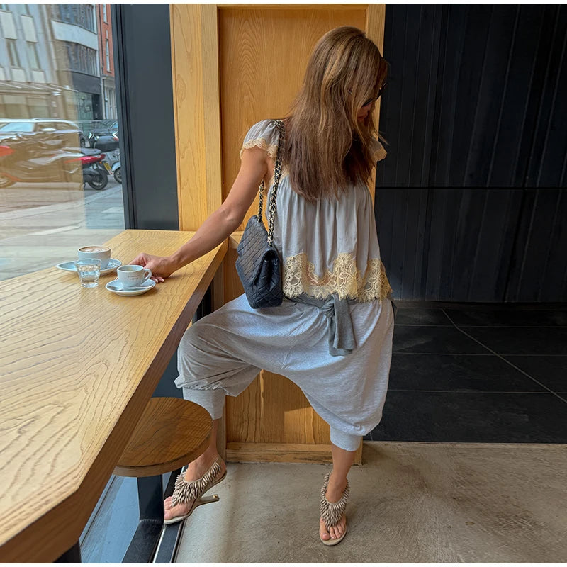LIZAKOSHT  -  Lace Patchwork Blouse Thin Strap Lace Shoulder Panels Gathered Bust Spring Summer Cafe Date Lady Women Boho Casual Cami