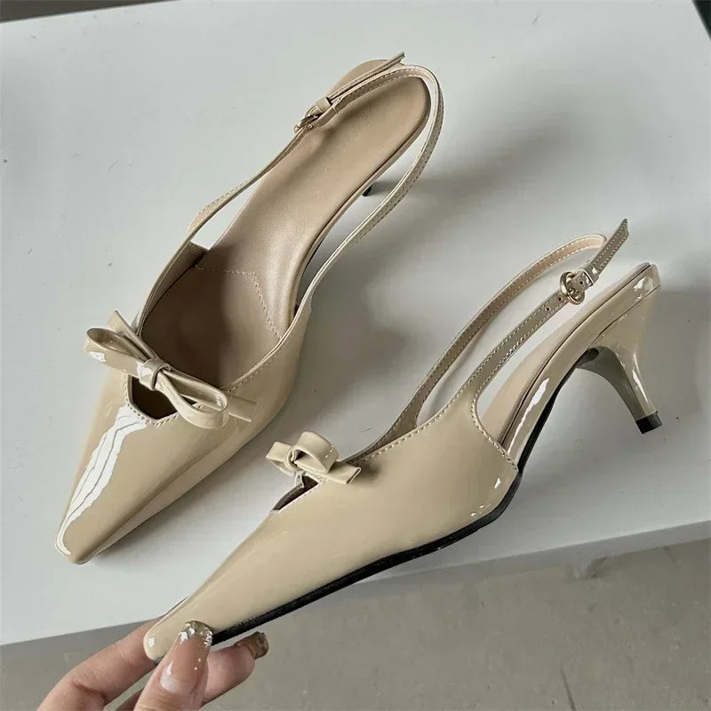 LIZAKOSHT  -  Patent Leather Bow Sandals Women Pumps Pointed Toe Low Heel Slingback Shoe Ladies Shallow Fashion Elegant High Heels Dress Shoes