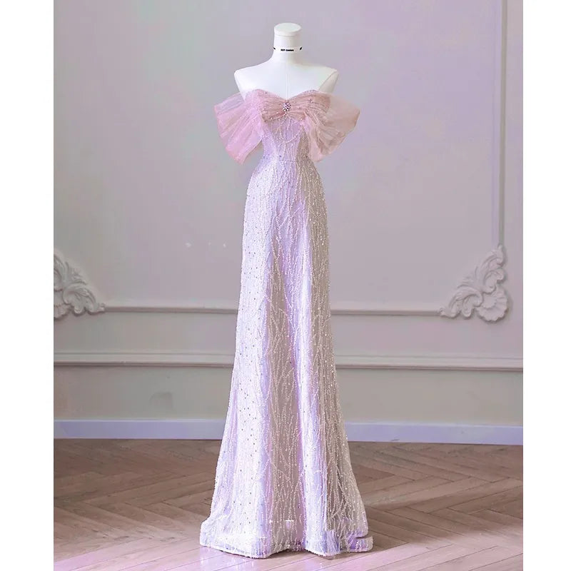 LIZAKOSHT -  Exquisite Pink Beaded Sequins Wedding Dress Evening Party Gown with Detachable Tulle Train Birthday Dresses Vestidos De Noche