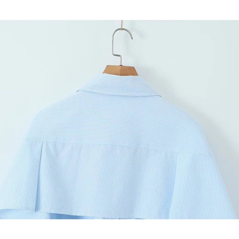 LIZAKOSHT  -  Spring 2024 Women Blue Striped Short Shirt Blouse Sexy Backless Lapel Streetwear Ladies Shirts  Batwing Sleeve Blusas Mujer