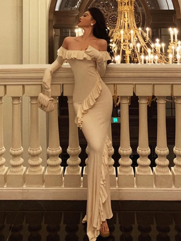 LIZAKOSHT  -  Sexy Bodycon Off Shoulder Long Dresses for Women Solid Ruffles Slim Mermaid Slit Evening Party Bandage Dress Prom Robe Vestidos