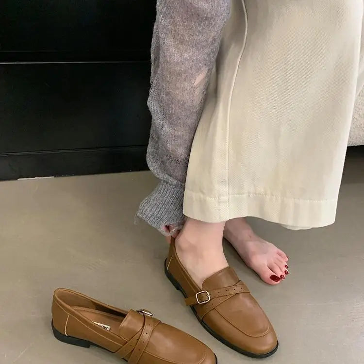 LIZAKOSHT  -  Retro Woman Shoes Slip-on Autumn Female Footwear British Style Oxfords Loafers With Fur Slip On Fall Dress Preppy New Leather