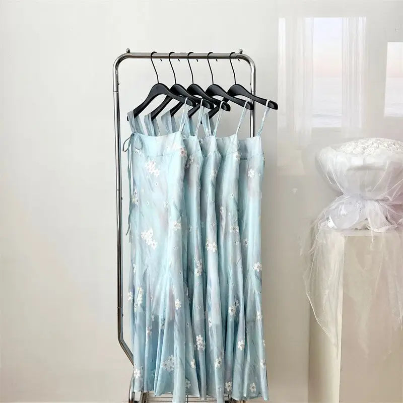 LIZAKOSHT  -  Midi Dress Blue Tie Dye Lace Up Floral Print Sleeveless Women Casual Spaghetti Strap Elegant Summer Slim Long Dress