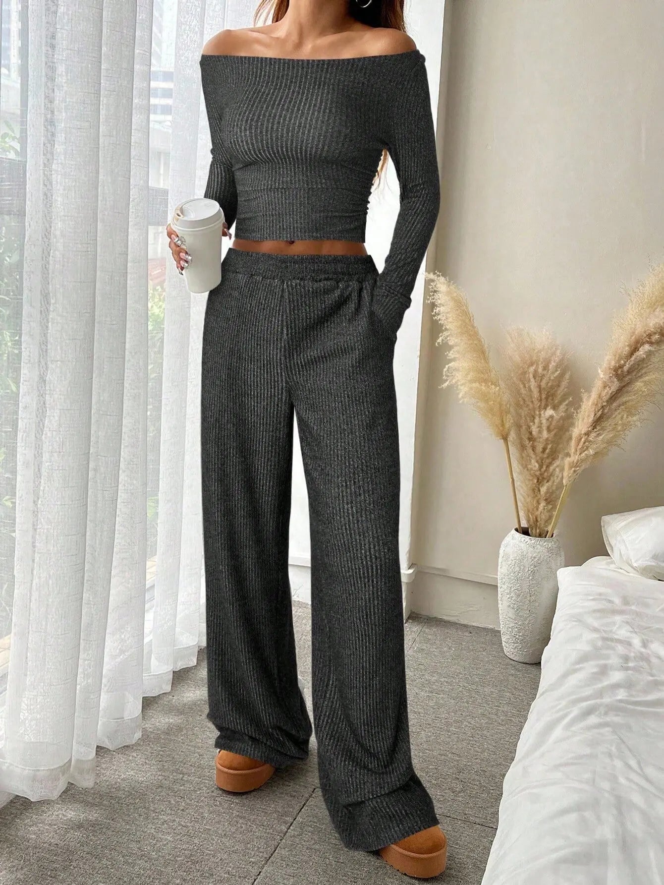 LIZAKOSHT  -  Fall Winter Women 2 Piece Set Solid Off Shoulder Long Sleeve Top Elastic Waist Wide Leg Pants Fashion Casual Outfit